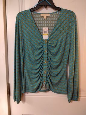 Michael Kors Teal Geometric Ruched Button-Front Long Sleeve Top
